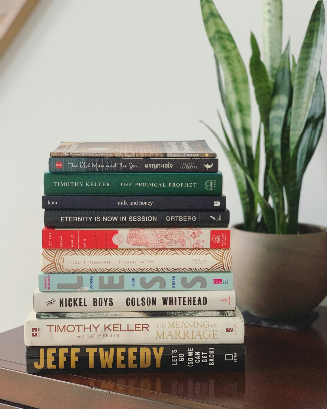 Books stacked on a table.
